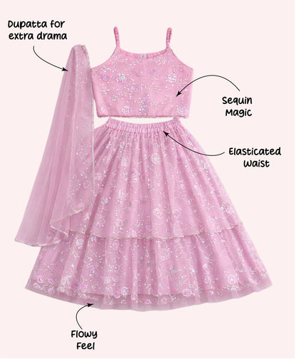 The Magic Wand Woven Strappy Floral Sequine Embroidered Choli And Lehenga Set With Dupatta - Pink