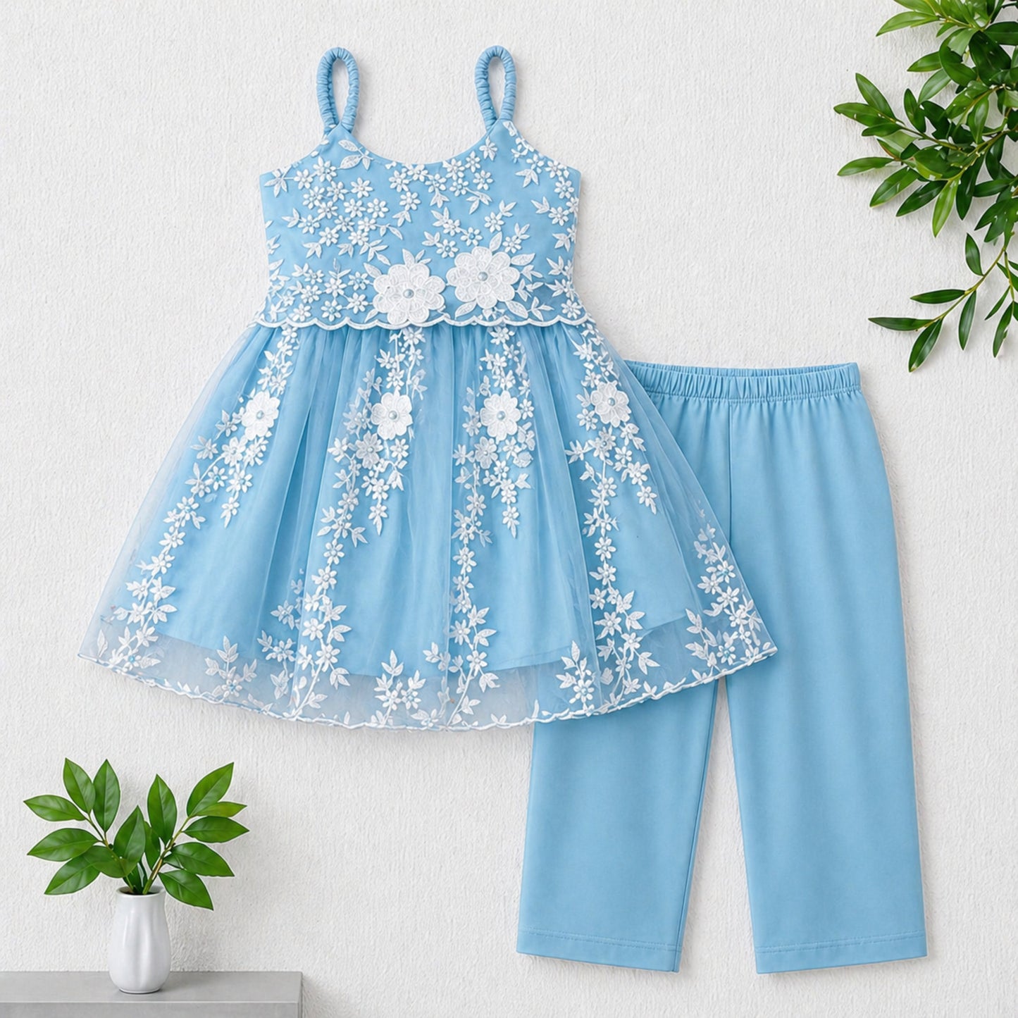 The Magic Wand Woven Strappy Floral Embroidered Kurti and Pant Set - Blue