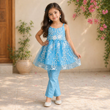 The Magic Wand Woven Strappy Floral Embroidered Kurti and Pant Set - Blue
