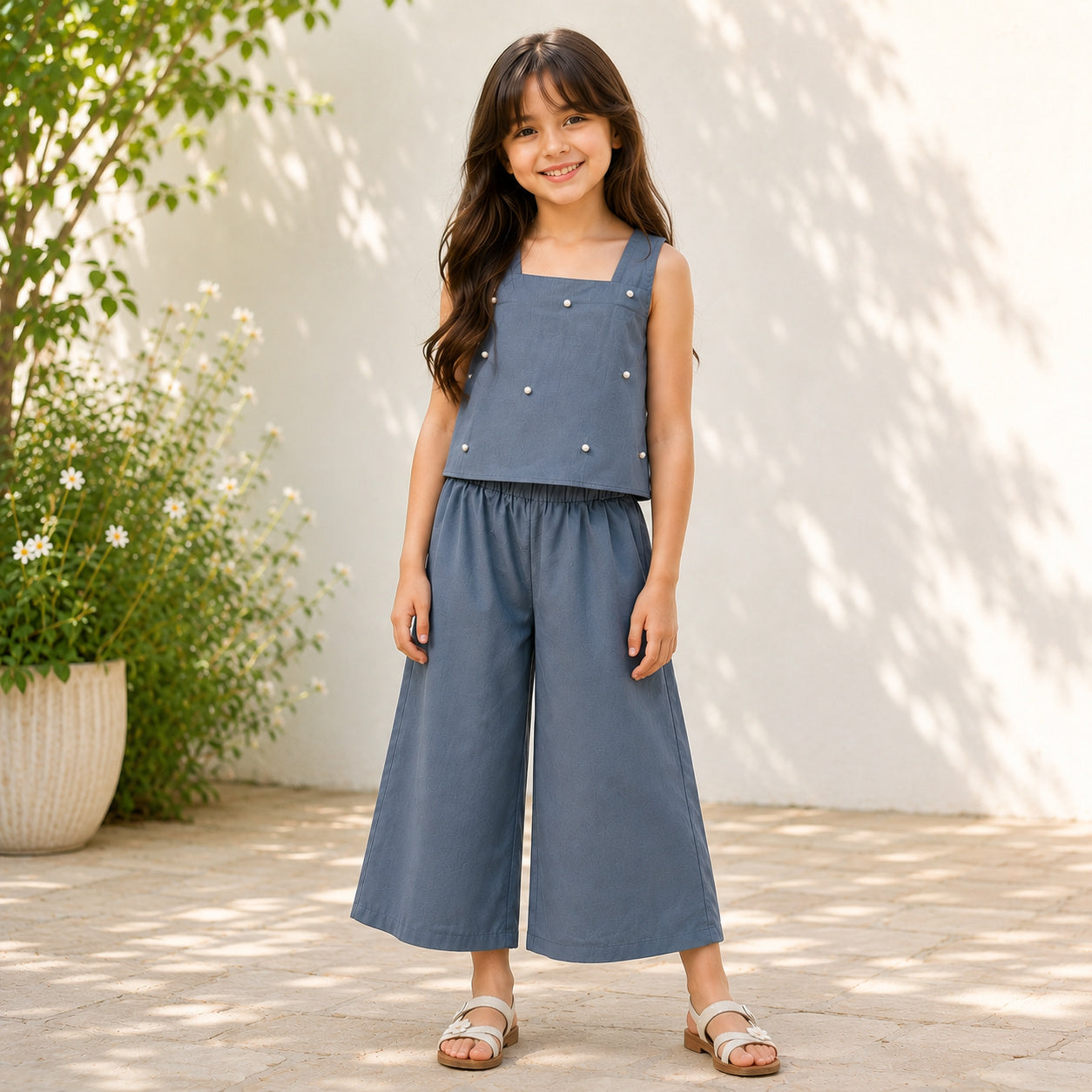 The Magic Wand Woven Sleeveless Pearl Embellished Back Bow Top And Palazzo Set-Grey