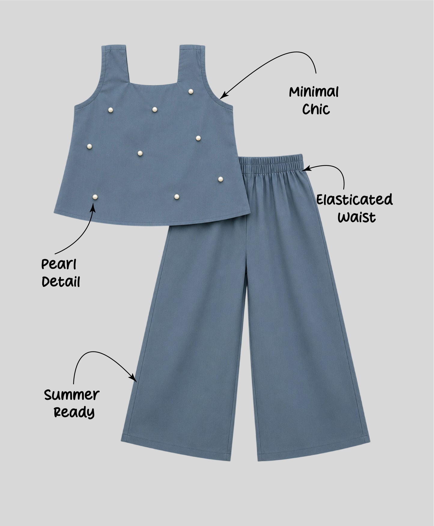 The Magic Wand Woven Sleeveless Pearl Embellished Back Bow Top And Palazzo Set-Grey