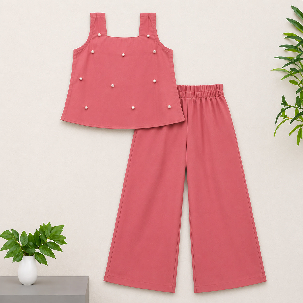 The Magic Wand Woven Sleeveless Pearl Embellished Back Bow Top And Palazzo Set- Peach