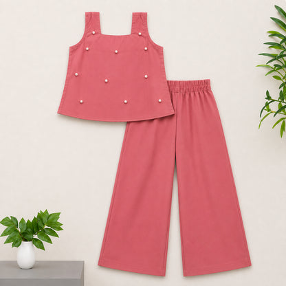 The Magic Wand Woven Sleeveless Pearl Embellished Back Bow Top And Palazzo Set- Peach