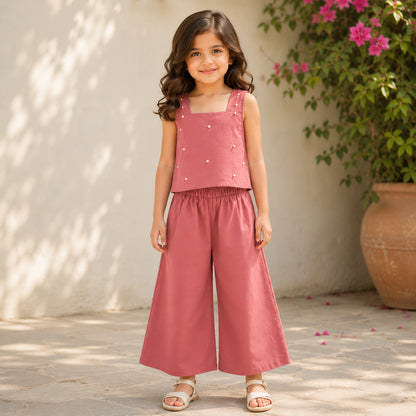 The Magic Wand Woven Sleeveless Pearl Embellished Back Bow Top And Palazzo Set- Peach