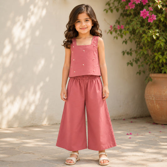 The Magic Wand Woven Sleeveless Pearl Embellished Back Bow Top And Palazzo Set- Peach