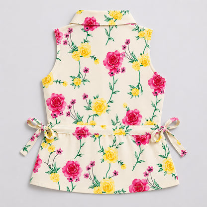 The Magic Wand Woven Sleeveless Floral Printed Waist Gathered Top - Multi Color