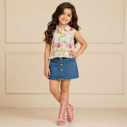 The Magic Wand Woven Sleeveless Floral Printed Waist Gathered Top - Multi Color