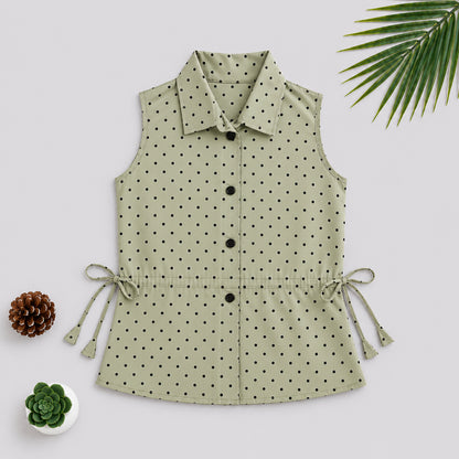 The Magic Wand Cotton Woven Sleeveless Polka Dot Printed Waist Gathered Top - Green