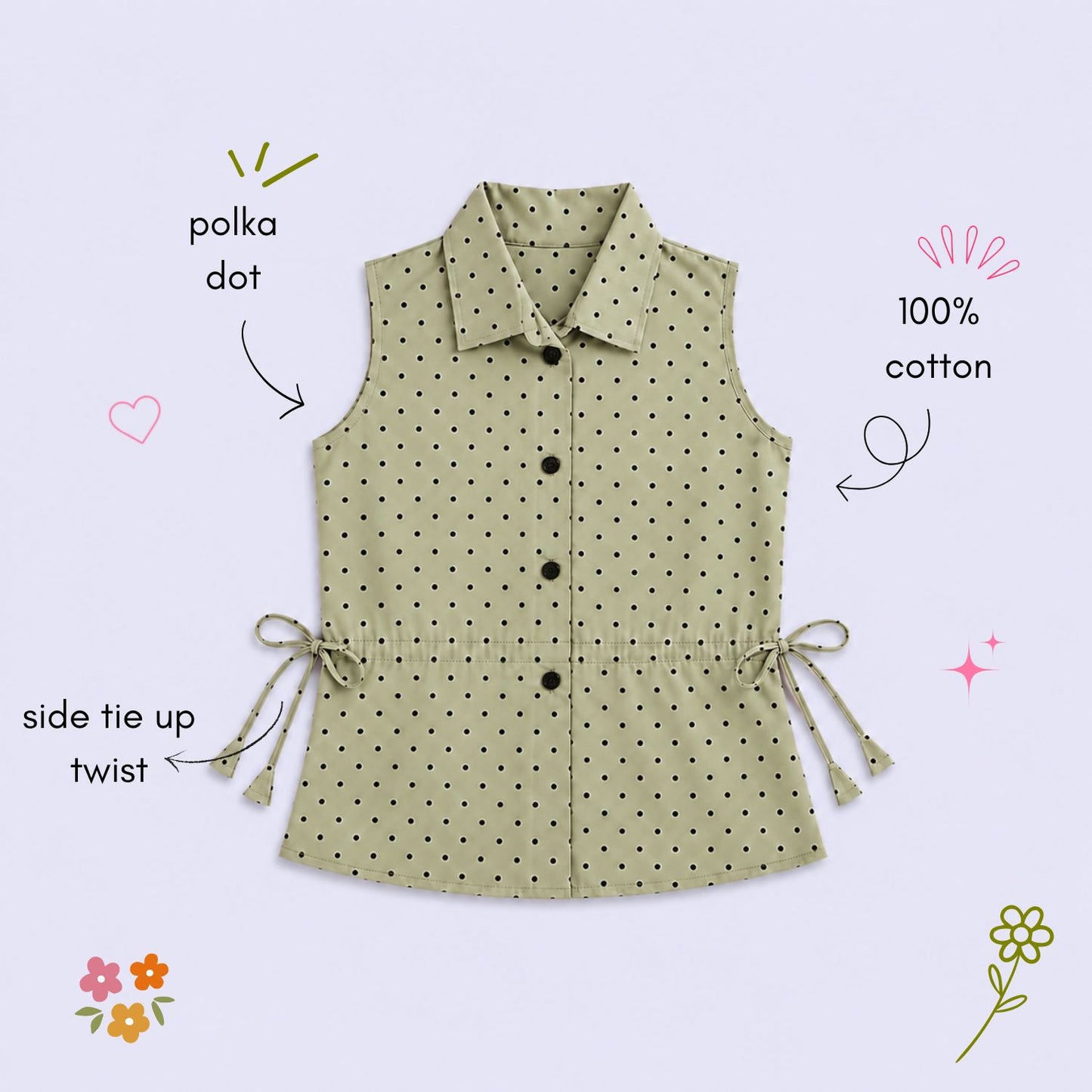 The Magic Wand Cotton Woven Sleeveless Polka Dot Printed Waist Gathered Top - Green