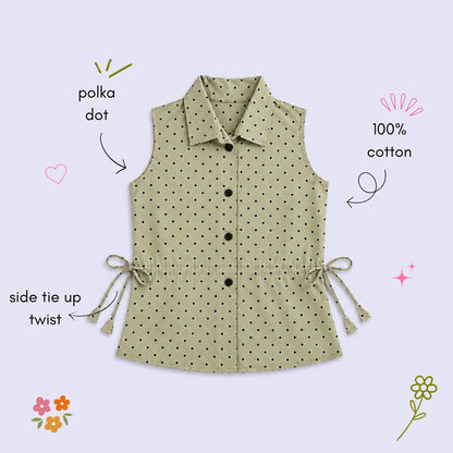 The Magic Wand Cotton Woven Sleeveless Polka Dot Printed Waist Gathered Top - Green
