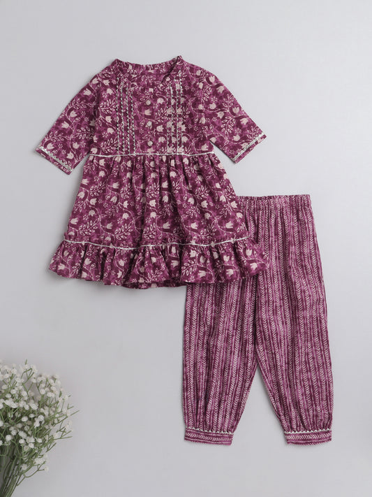 All Over Printed Elbo Sleeves Gathered Top With Afhgani Pants For Girls-Pink