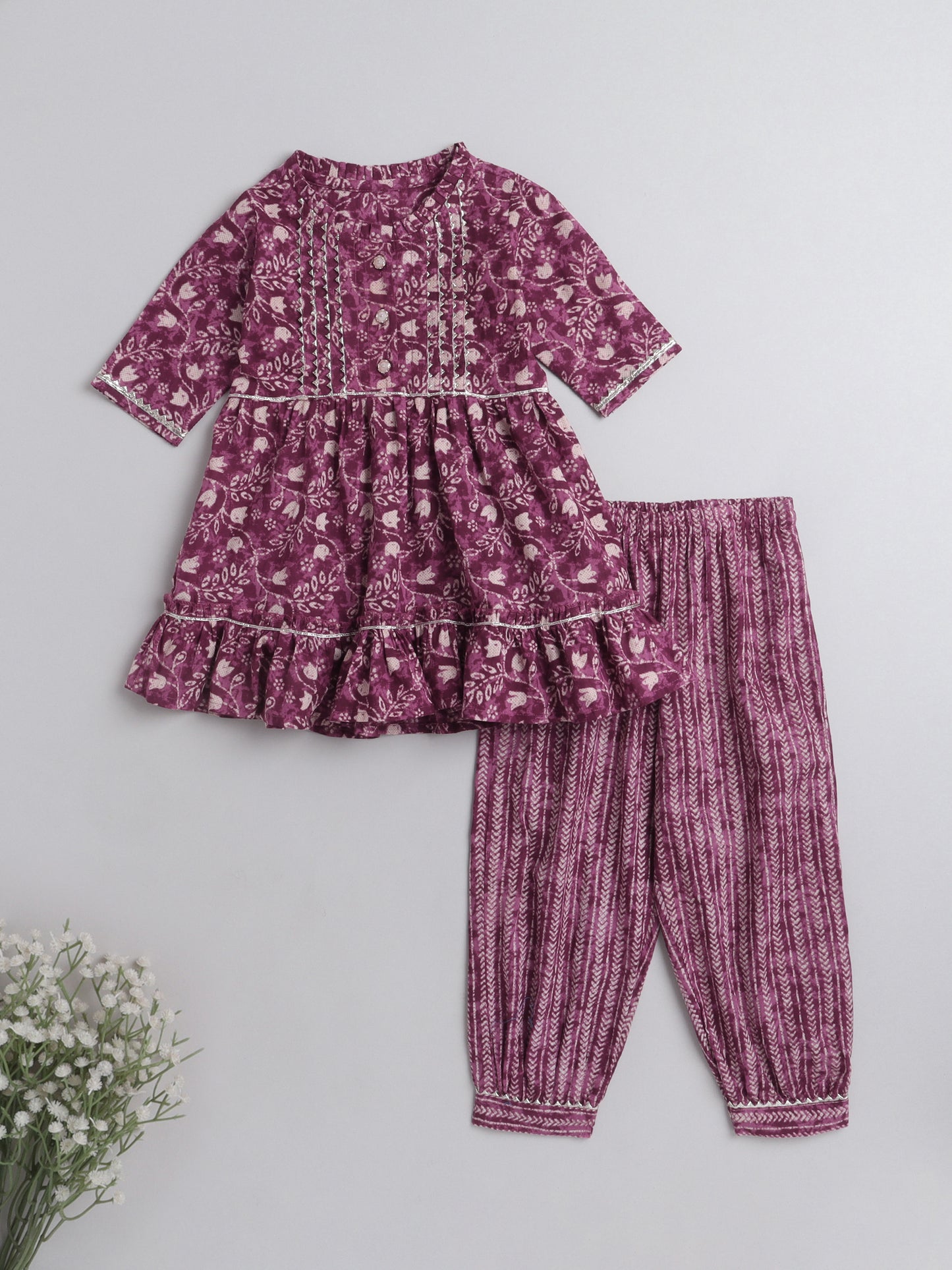 Floral Printed Gota Lace Detailing Short Sleeves Choli With Tassels Embelished Lehenga And Dupatta Set For Girls-Peach