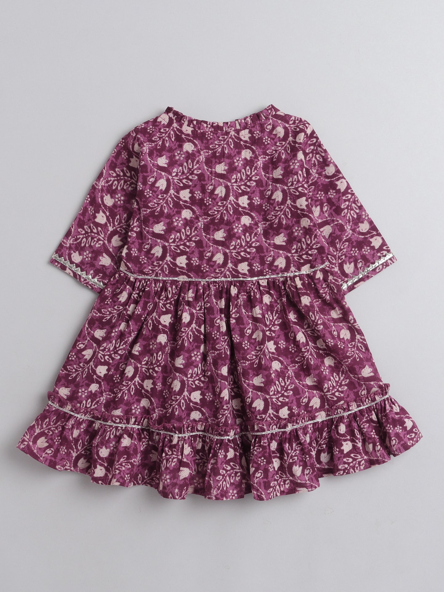 Floral Printed Gota Lace Detailing Short Sleeves Choli With Tassels Embelished Lehenga And Dupatta Set For Girls-Peach