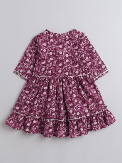 Floral Printed Gota Lace Detailing Short Sleeves Choli With Tassels Embelished Lehenga And Dupatta Set For Girls-Peach