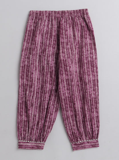 All Over Printed Elbo Sleeves Gathered Top With Afhgani Pants For Girls-Pink