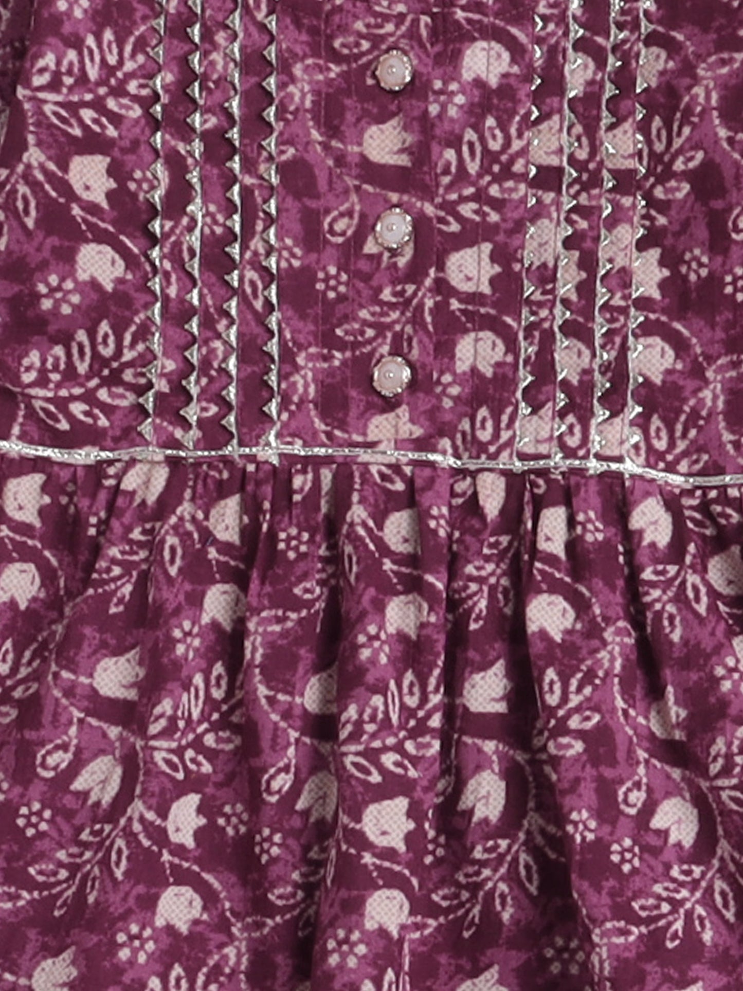 Floral Printed Gota Lace Detailing Short Sleeves Choli With Tassels Embelished Lehenga And Dupatta Set For Girls-Peach