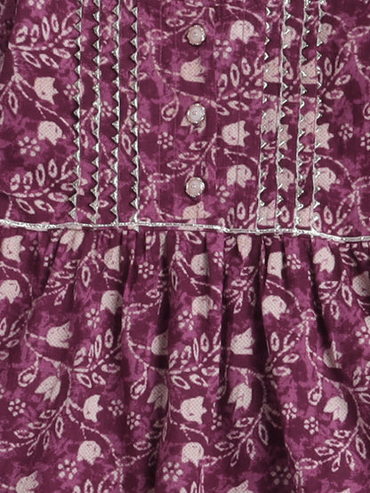 Floral Printed Gota Lace Detailing Short Sleeves Choli With Tassels Embelished Lehenga And Dupatta Set For Girls-Peach