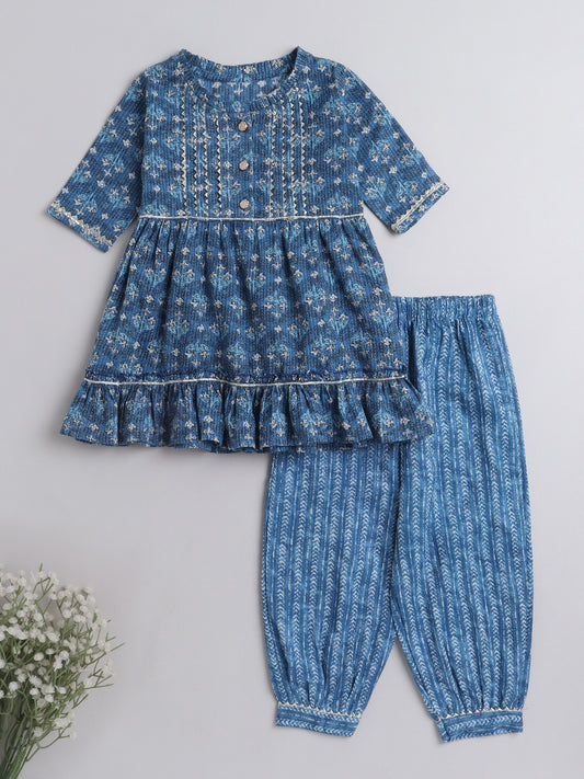 All Over Printed Elbow Sleeves Gathered Top With Afhgani Pants For Girls-Blue