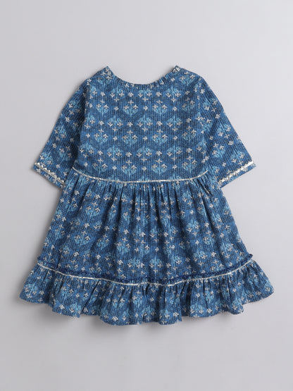 All Over Printed Elbow Sleeves Gathered Top With Afhgani Pants For Girls-Blue