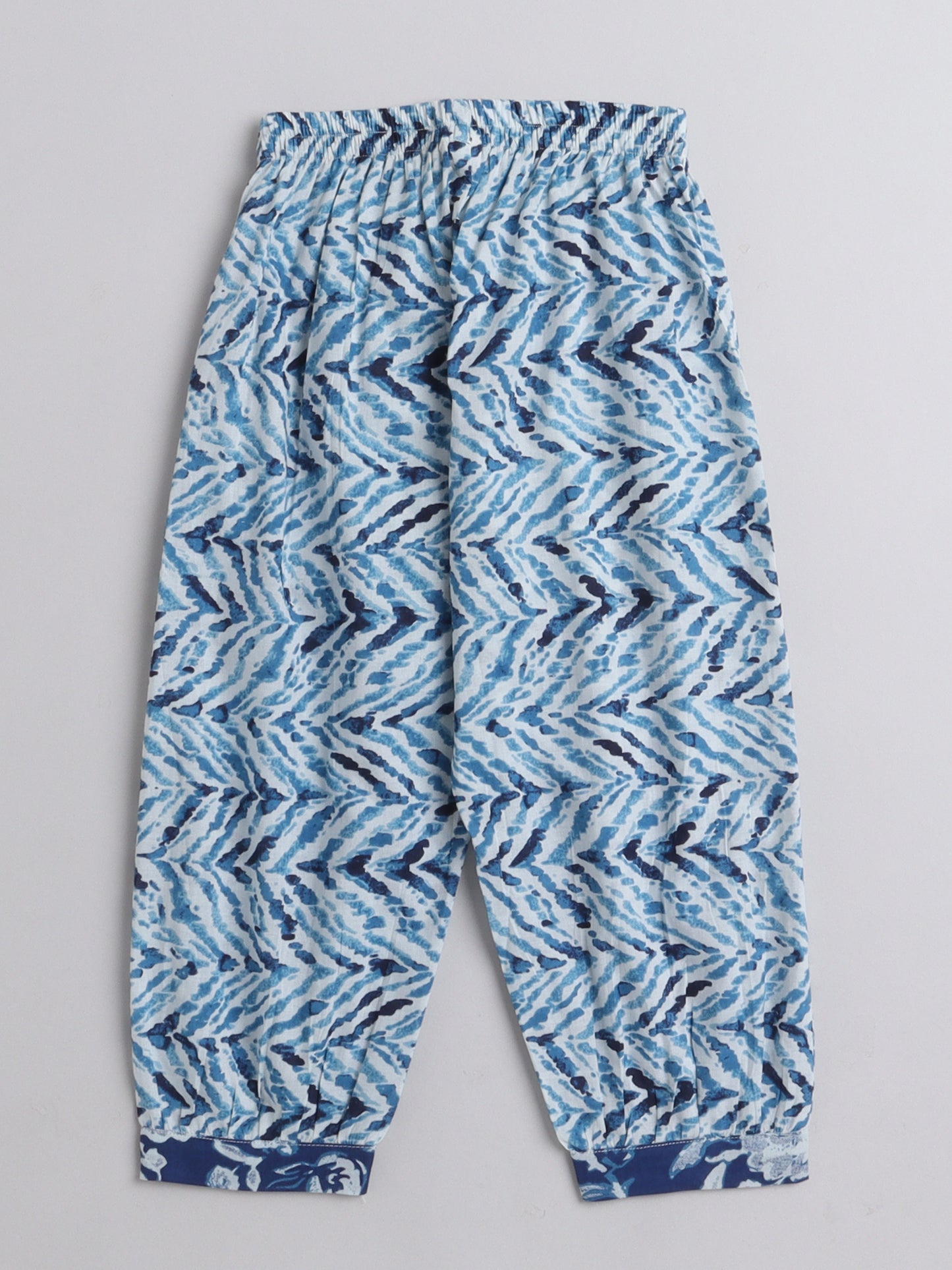 All Over Printed Elbow Sleeves Gathered Top With Afhgani Pants For Girls-Blue