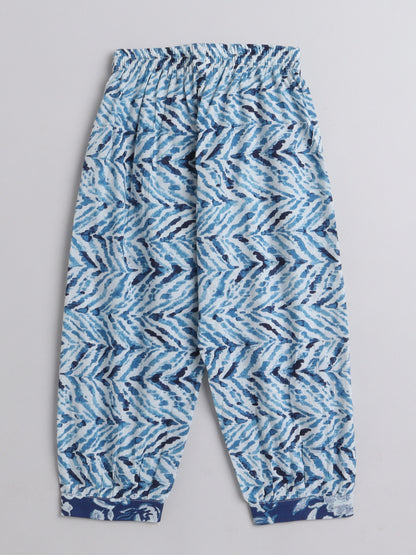 All Over Printed Elbow Sleeves Gathered Top With Afhgani Pants For Girls-Blue