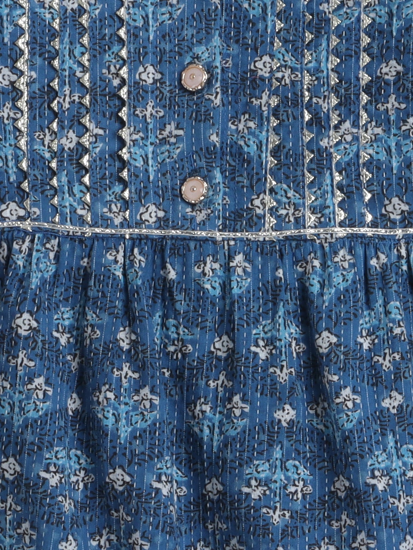 All Over Printed Elbow Sleeves Gathered Top With Afhgani Pants For Girls-Blue