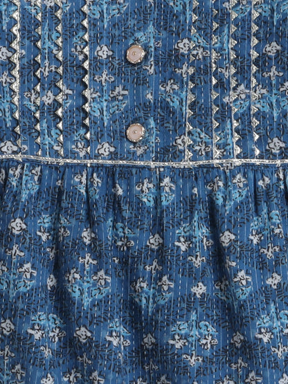 Three Fourth Sleeves Damask Floral Motif Printed & Gota Lace Embellished Kurta With Chevron Design Afghani Pant - Blue