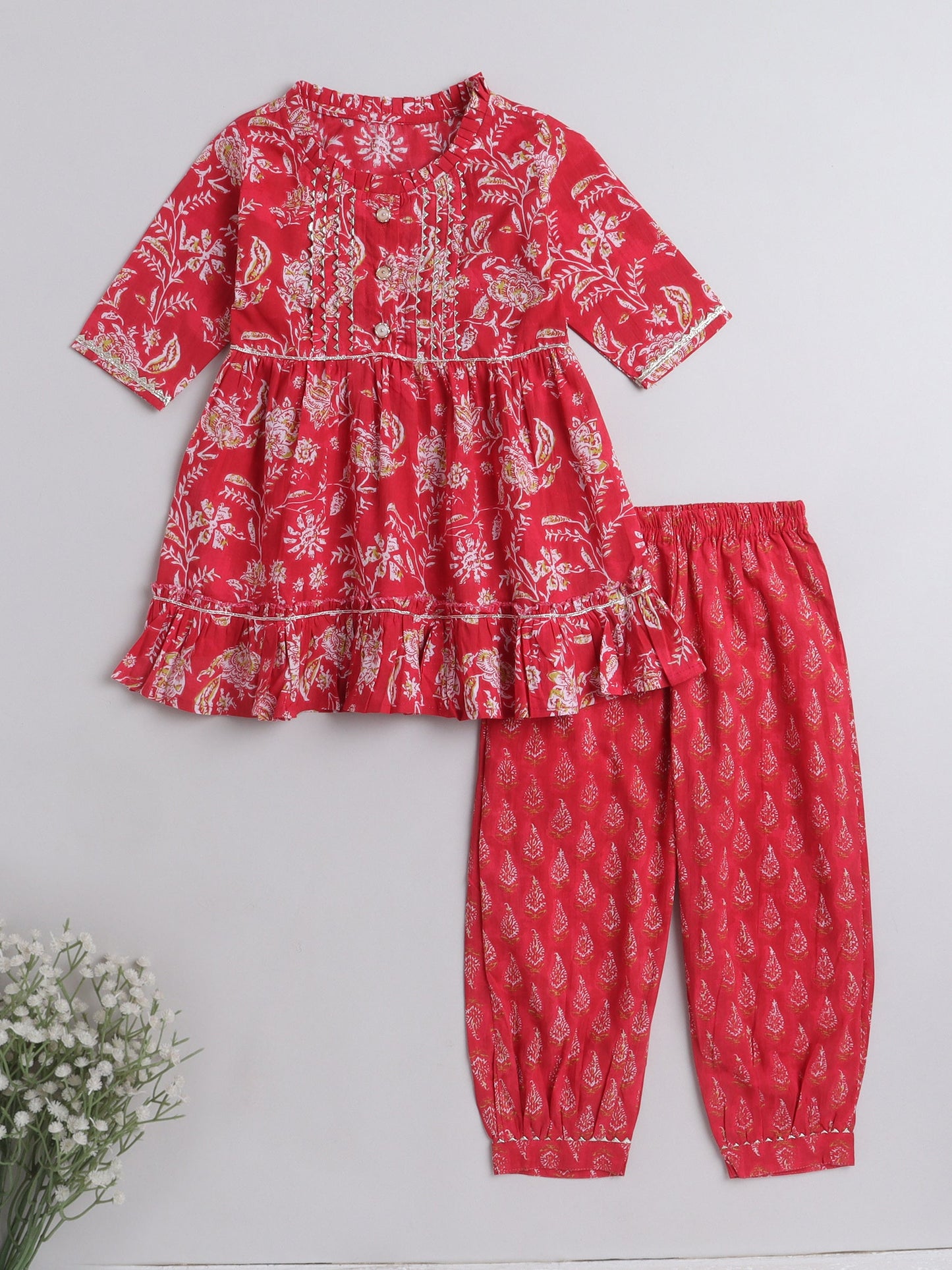 The Magic Wand All Over Printed Elbo Sleeves Gathered Top With Afhgani Pants For Girls Red
