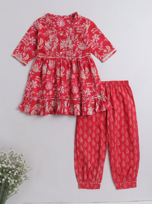 The Magic Wand All Over Printed Elbo Sleeves Gathered Top With Afhgani Pants For Girls Red