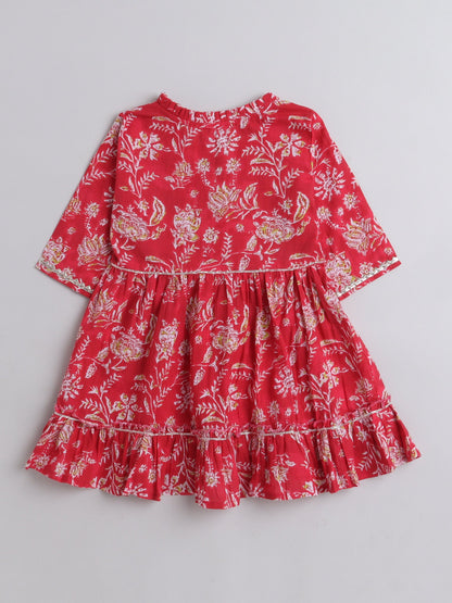 The Magic Wand All Over Printed Elbo Sleeves Gathered Top With Afhgani Pants For Girls Red