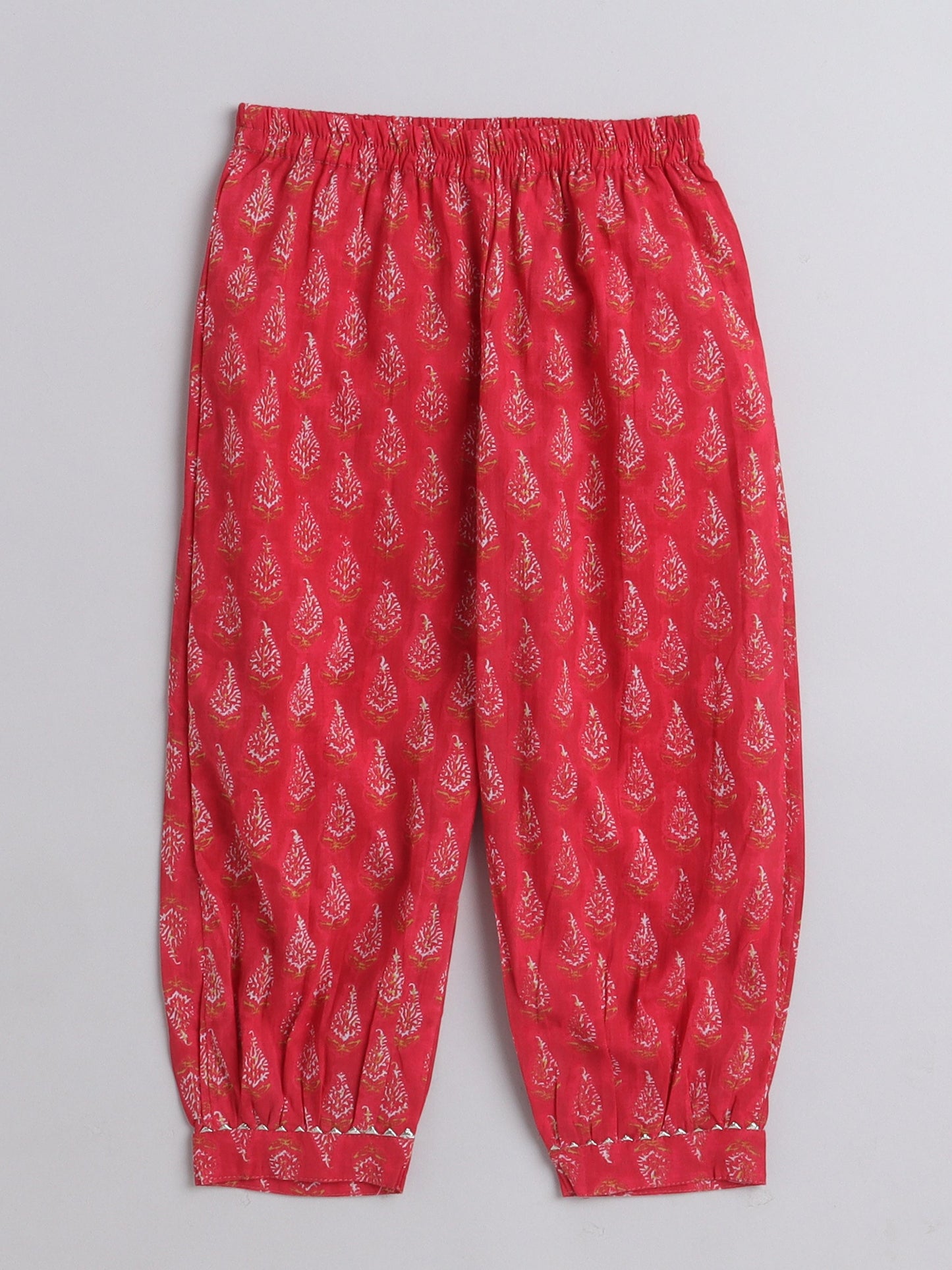 The Magic Wand All Over Printed Elbo Sleeves Gathered Top With Afhgani Pants For Girls Red