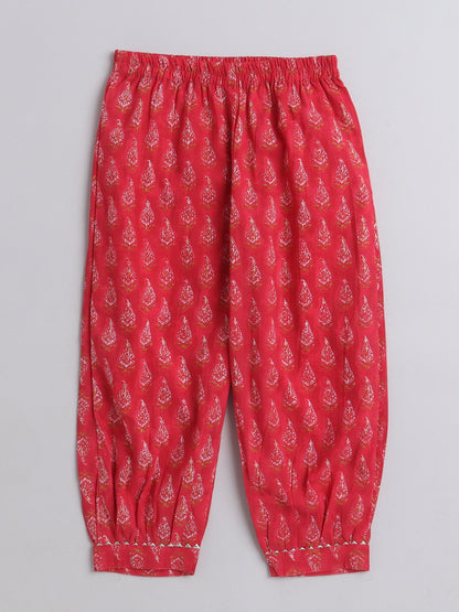 The Magic Wand All Over Printed Elbo Sleeves Gathered Top With Afhgani Pants For Girls Red