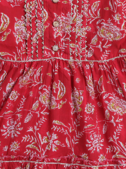 The Magic Wand All Over Printed Elbo Sleeves Gathered Top With Afhgani Pants For Girls Red