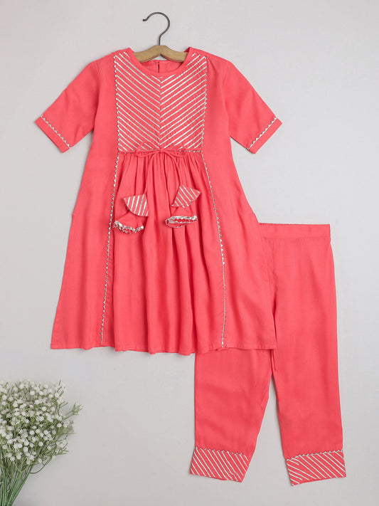 Elbow Sleeves Nyra Cut Gota Detailed Tassled Kurta With Pants-Peach