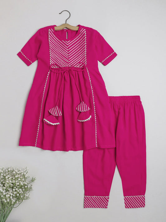 Elbow Sleeves Nyra Cut Gota Detailed Tassled Kurta With Pants-Fuchsia