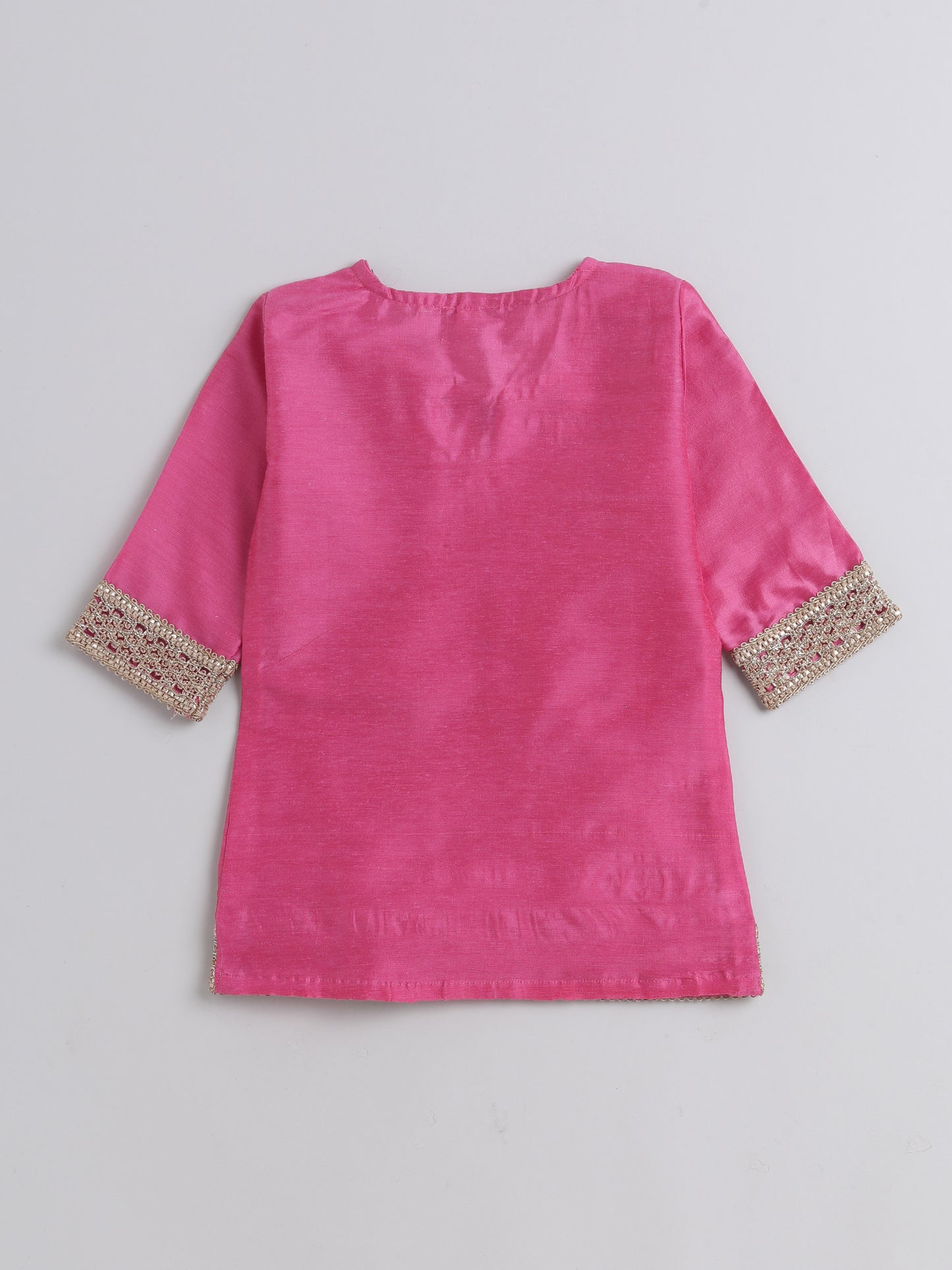 Lace Embelished Short Sleeve Tassled Kurta with Straight Pants For Girls-Pink