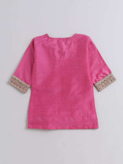 Lace Embelished Short Sleeve Tassled Kurta with Straight Pants For Girls-Pink
