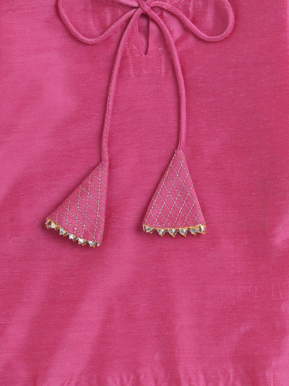 Lace Embelished Short Sleeve Tassled Kurta with Straight Pants For Girls-Pink