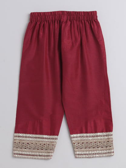 Lace Embelished Short Sleeve Tassled Kurta with Straight Pants For Girls-Maroon