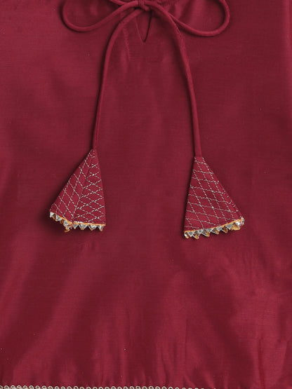 Lace Embelished Short Sleeve Tassled Kurta with Straight Pants For Girls-Maroon