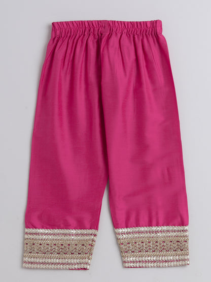 Lace Embelished Short Sleeve Tassled Kurta with Straight Pants For Girls-Fuchsia