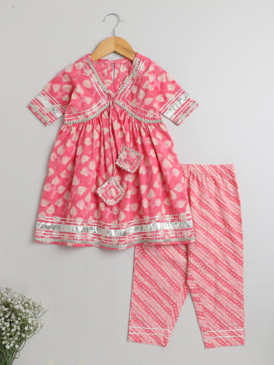 Printed Elbow Sleeves Tassled Gathered Aliya Cut Gota Kurta with Straight Pants-Coral