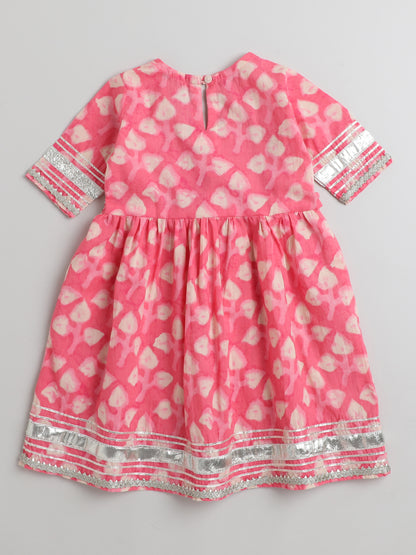 Printed Elbow Sleeves Tassled Gathered Aliya Cut Gota Kurta with Straight Pants-Coral