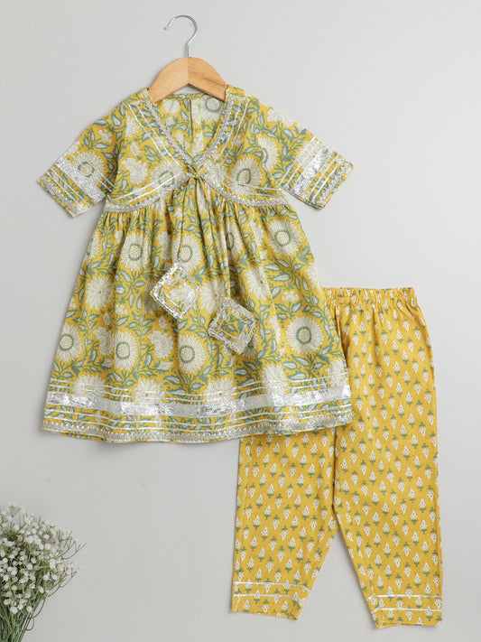 Printed Elbow Sleeves Tassled Gathered Aliya Cut Gota Kurta with Straight Pants-Yellow