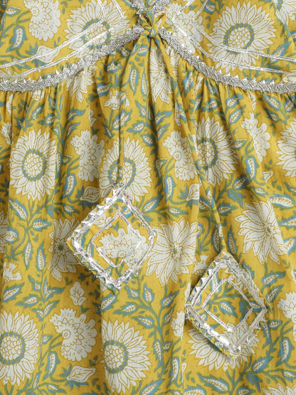 Printed Elbow Sleeves Tassled Gathered Aliya Cut Gota Kurta with Straight Pants-Yellow
