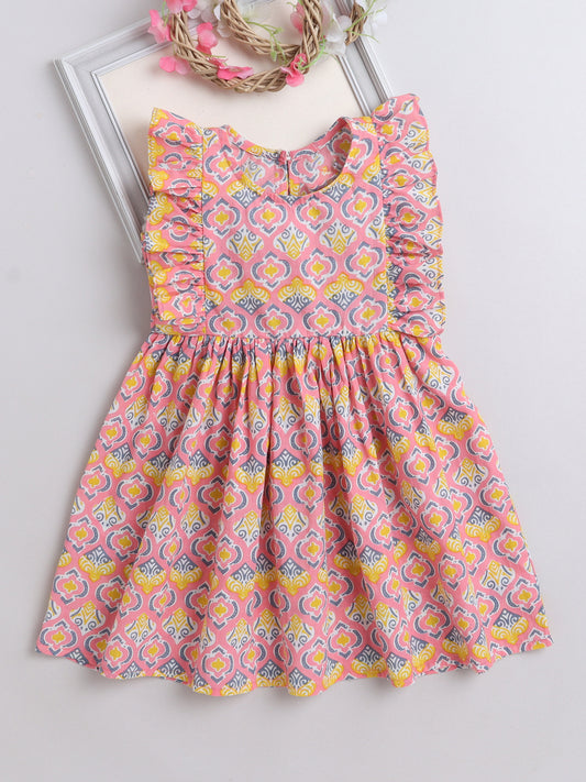 Frill Sleeves Floral Printed Fit & Flare Dress-Pink