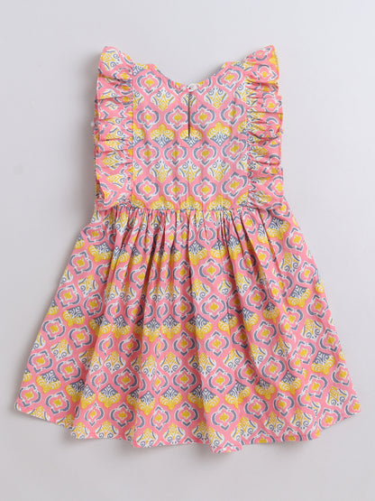 Frill Sleeves Floral Printed Fit & Flare Dress-Pink