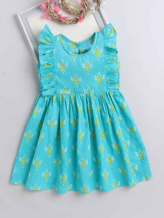 The Magic Wand Frill Sleeves Floral Printed Fit & Flare Dress - Turquoise