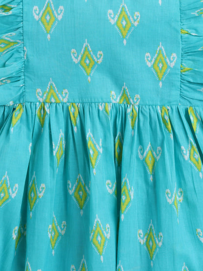 The Magic Wand Frill Sleeves Floral Printed Fit & Flare Dress - Turquoise