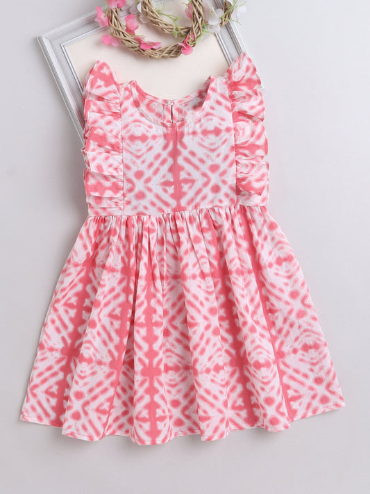 The Magic Wand Frill Sleeves Tie & Dye Printed Fit & Flare Dress - Pink